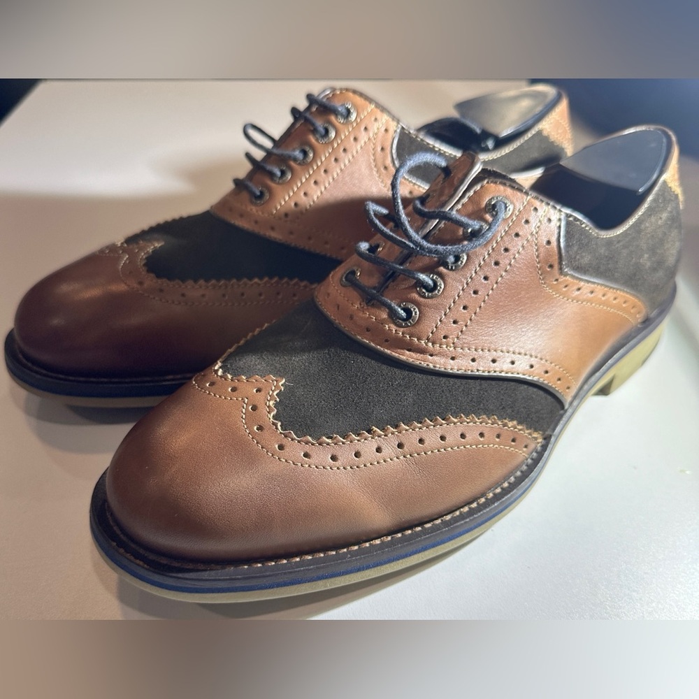 Johnston & Murphy Ellington wingtip sheepskin brown leather black suede oxfords - Picture 3 of 8
